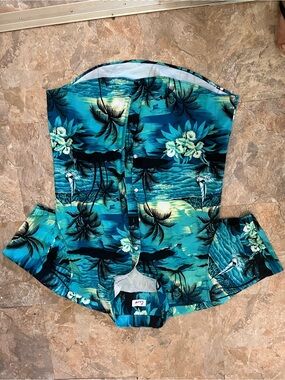 Men's Teal Tropical Button-Up Swim Shirt